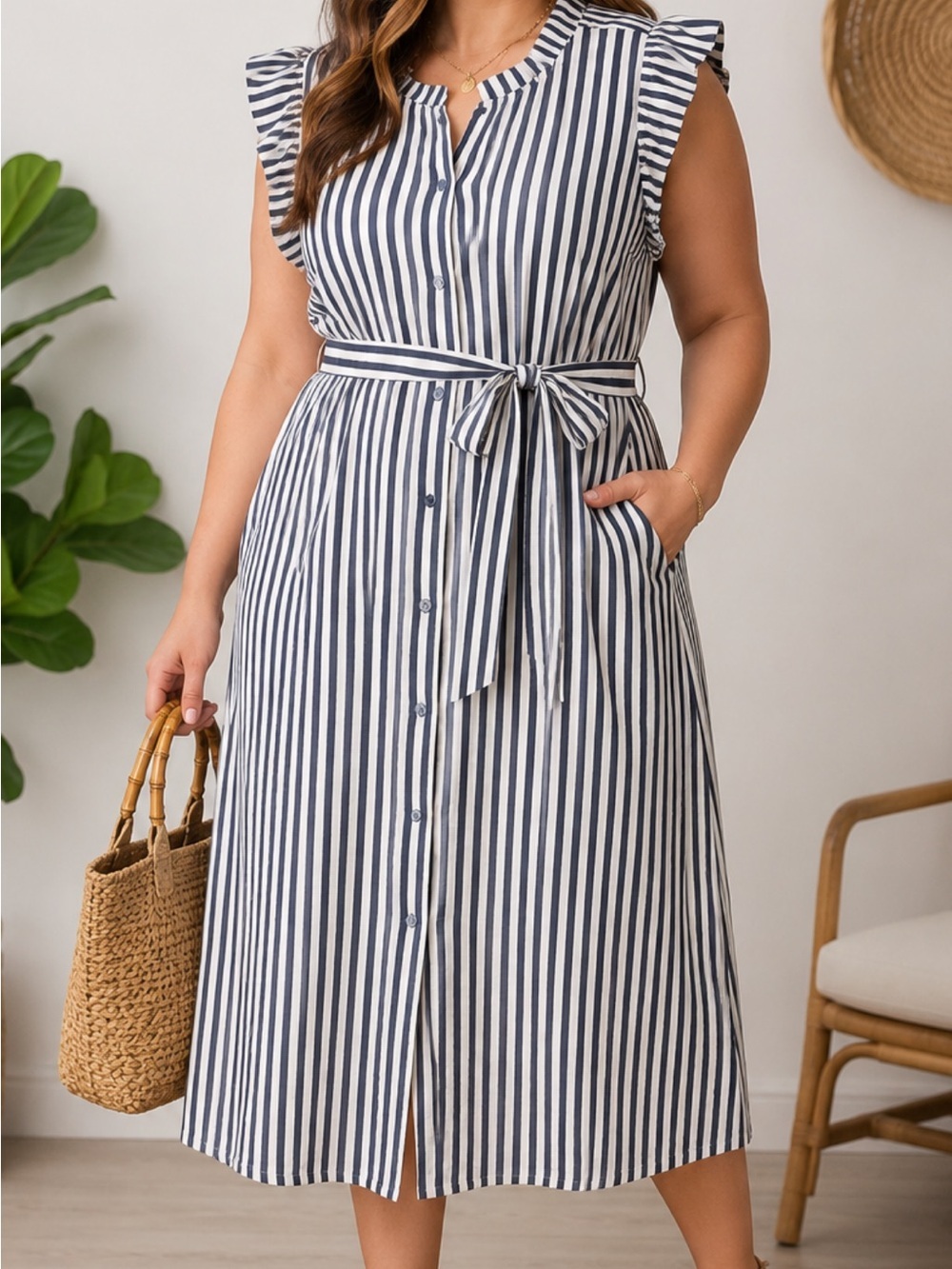 G by Giuliana Black Label Linen Blend Striped Midi Dress Women’s 2XP Belted